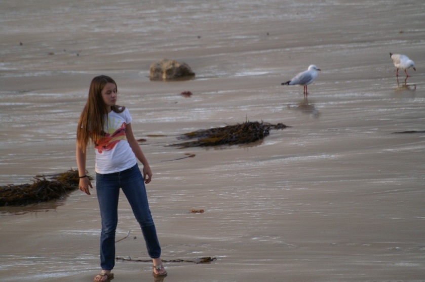 Girl and gull on beach near Port Campbell on the Great Ocean Drive
