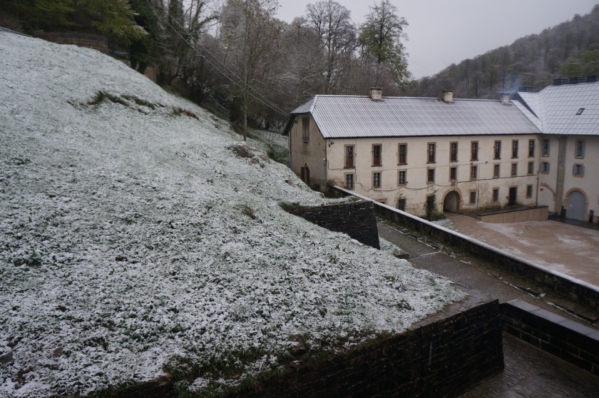 View at 8 AM from the Hotel Roncesvalles. It snowed wet all morning.
