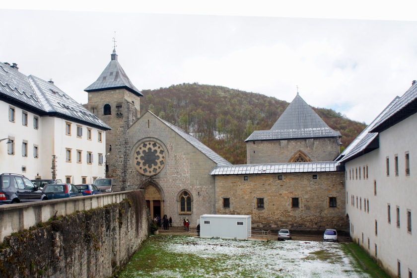 Staying in the Hotel Roncesvalles (on the left) next to the collegiate church, was a good move. Three heaters in our suite and a huge tiled shower area made cleaning our mud-soaked gear a lot easier. After the 10 hour ordeal from Orisson this was a merciful place to stay.