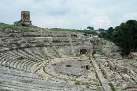 Perhaps the largest Greek theatre on the planet is here in mainland Siracusa. One can see that controversial, too high peak of the Santuario della Madonna even on this hill!